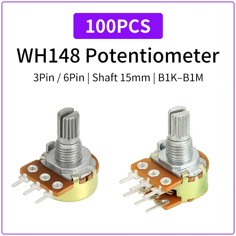 100PCS WH148 Linear Rotary Potentiometer 1K 10K 20K 50K 100K 500K Ohm 3Pin/6Pin 15mm Shaft B Type Variable Resistor for Arduino