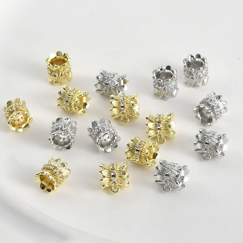 14k Gold Color Zircon Double-sided Flower Bucket Bead Spacer DIY Handmade Bracelet Necklace Beaded Material Accessories