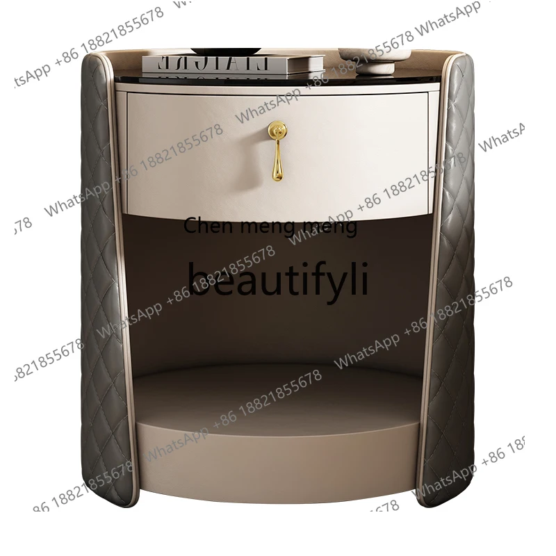 

Italian minimalist round leather bedside table light luxury rock slab solid wood bedside cabinet bedroom locker edge few H