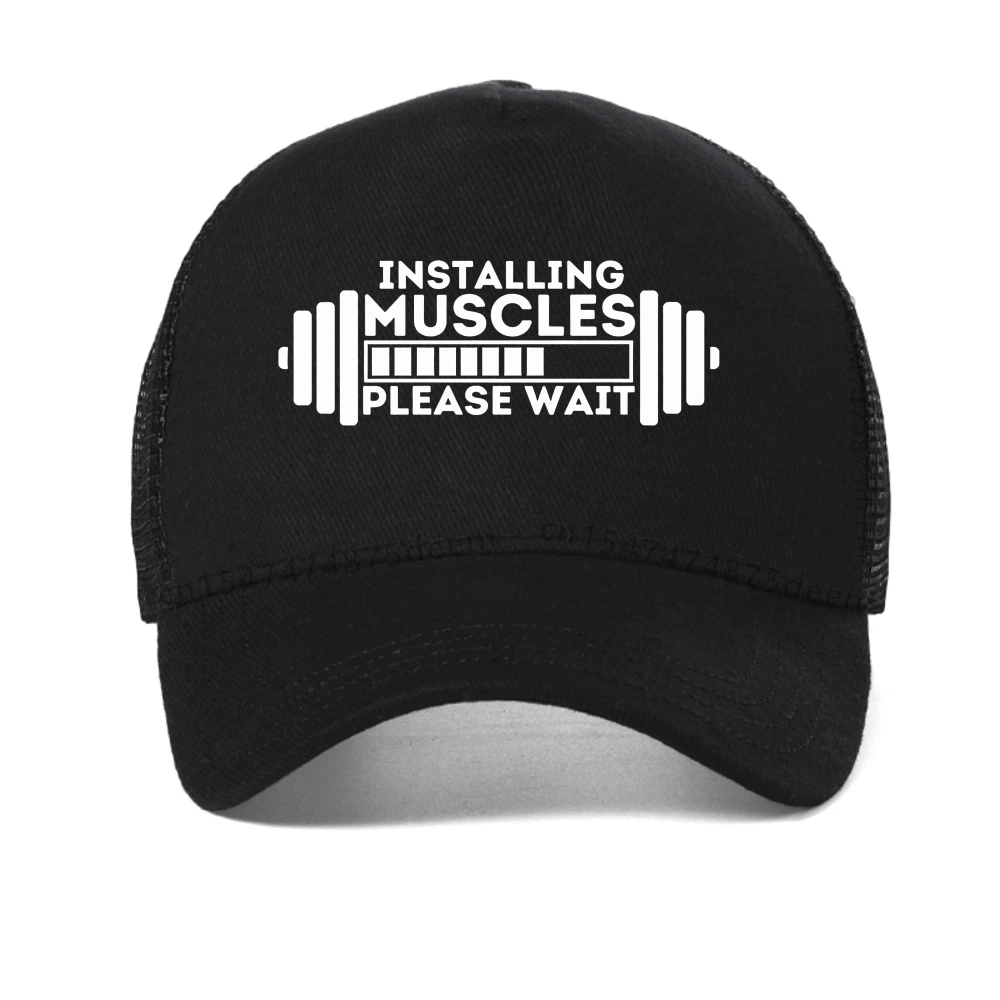 موضة جديدة تثبيت العضلات يرجى الانتظار تحميل شريط طباعة قبعة بيسبول للجنسين الرجال النساء الصيف قبعة شبكية قبعات سائقي الشاحنات عادية