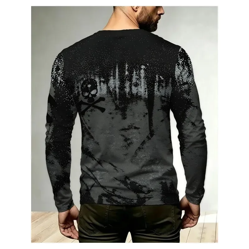 3D Printed Casual Long Sleeve Men Gothic Skull T Shirt 2026 Avant Garde Black White Round Neck Top Autumn Winter Daily Wear