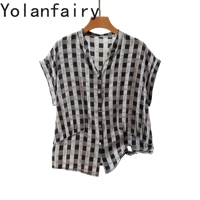 

YOLANFAIRY 100% натуральные шелковые рубашки из тутового шелкопряда для женщин, летние модные клетчатые топы 2026 года, блузки с коротким рукавом, элегантные женские рубашки