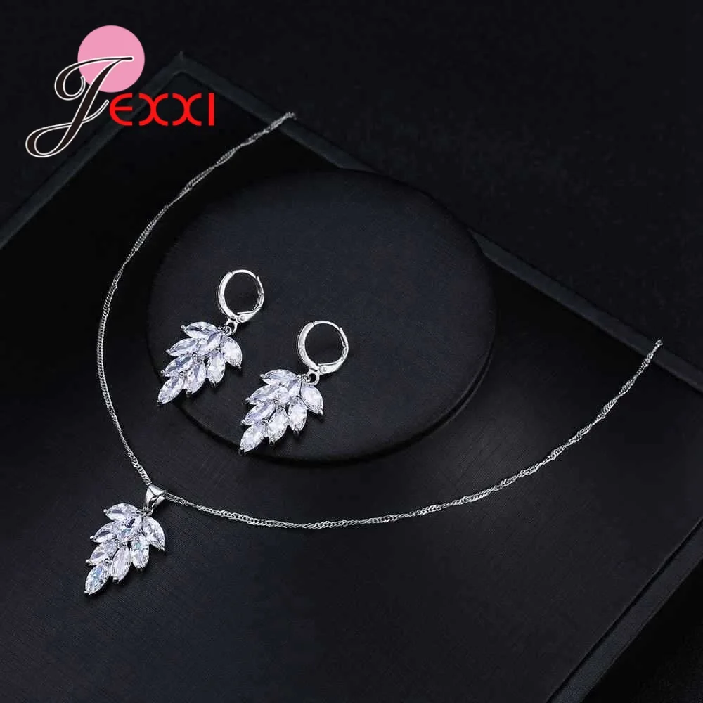 Brilliant Rhinestones Luxury Style Leaves Chains Pendant Necklace Earrings 925 Sterling Silver Color Jewelry Sets Dropshipping