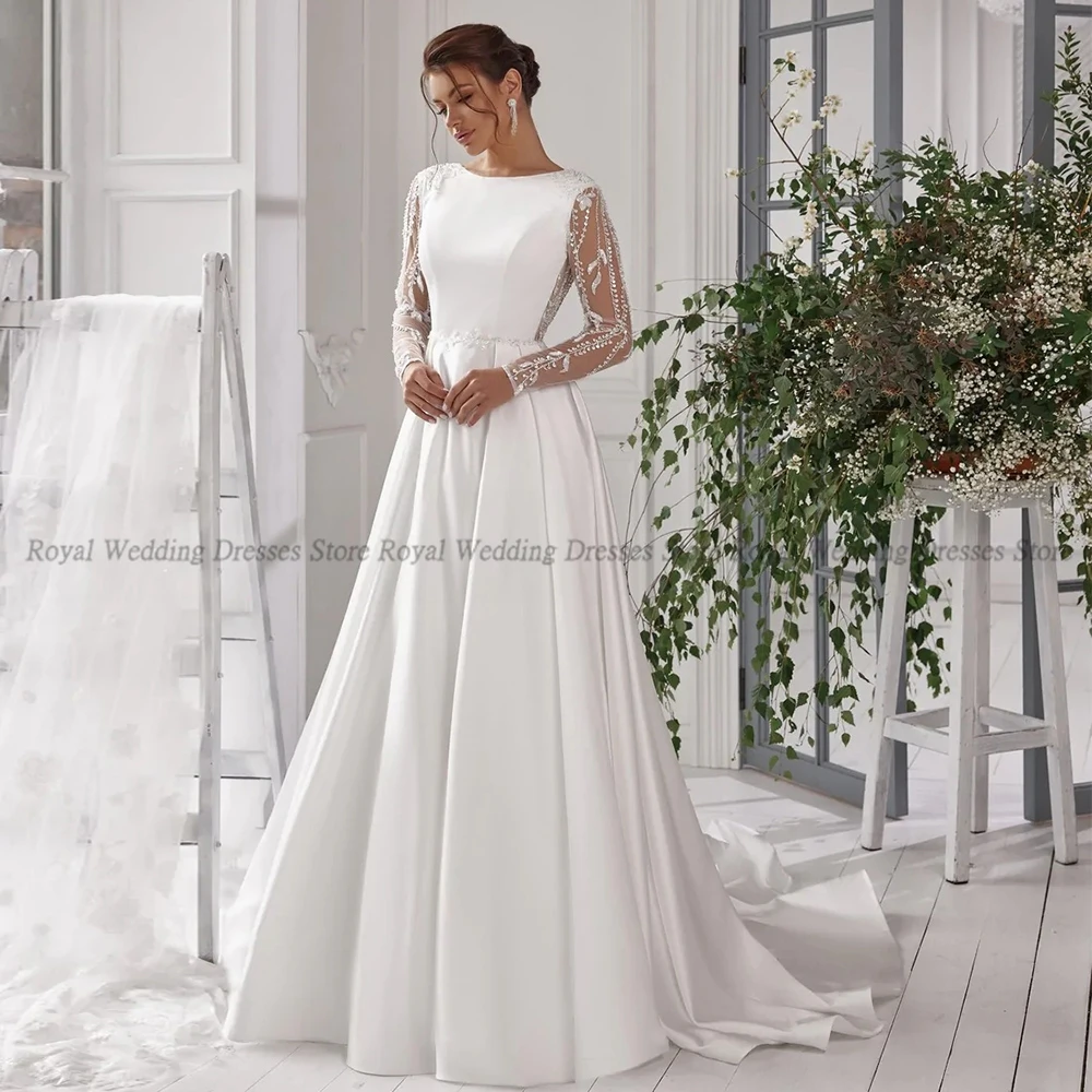 RANMO Retro A Line O Neck Wedding Dresses Satin Flower Embroidery Tulle Draped Open Back 2022 Floor Length Gowns Robe De Ma