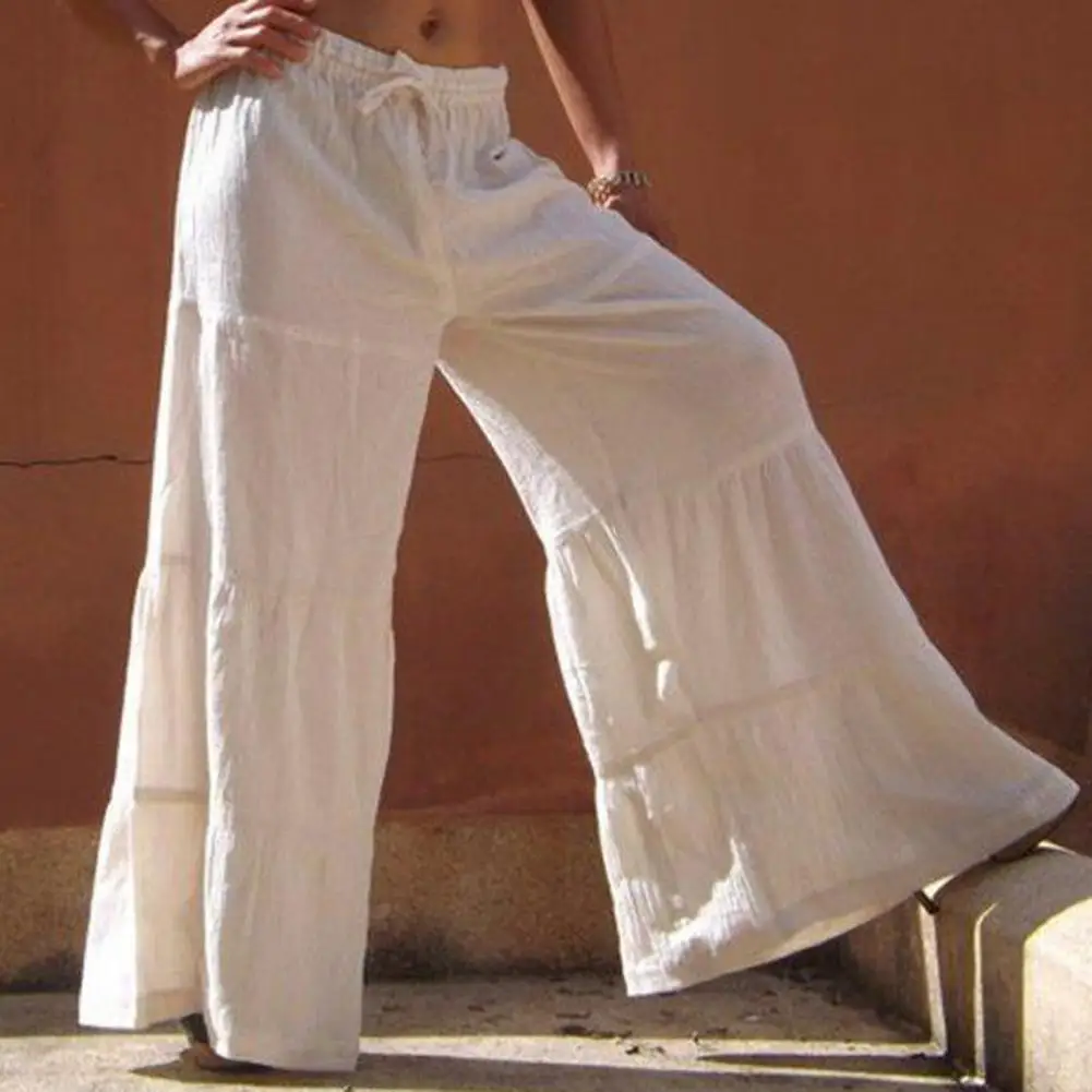 2025 calças femininas cintura elástica calças de perna larga cor sólida rendas verão elástico queimado calças streetwear calças largas