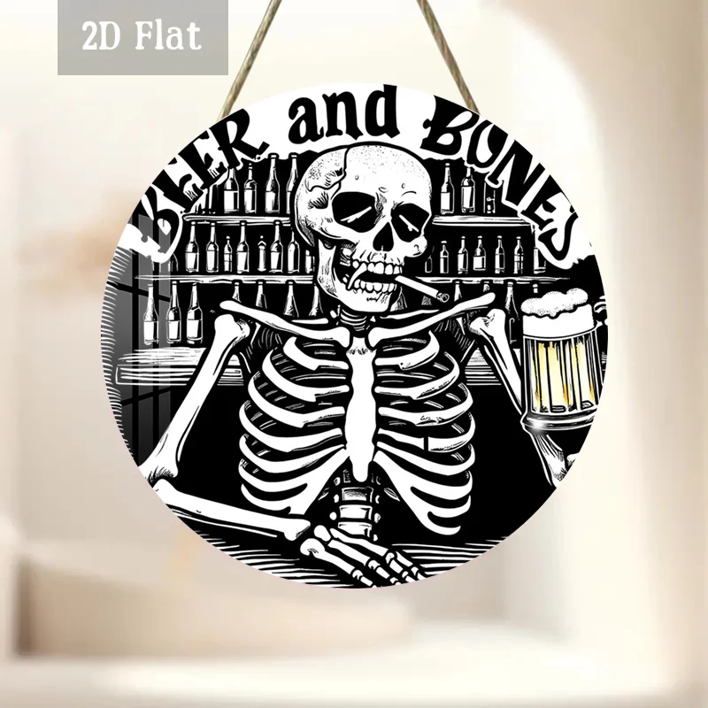 2D Flat, 1pc Retro Beer-Themed Wall Decor - Round Skeletal Brewing Art Panel, Wooden Punk Rock Hanging Sign Suitable for Home, G