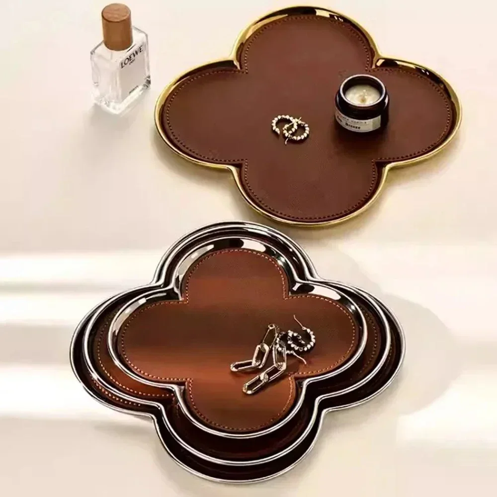 3Pcs Desktop Jewelry Clover Display Tray Light Luxury Leather Tray Storage Simple Storage Set Living Room Home Decoration
