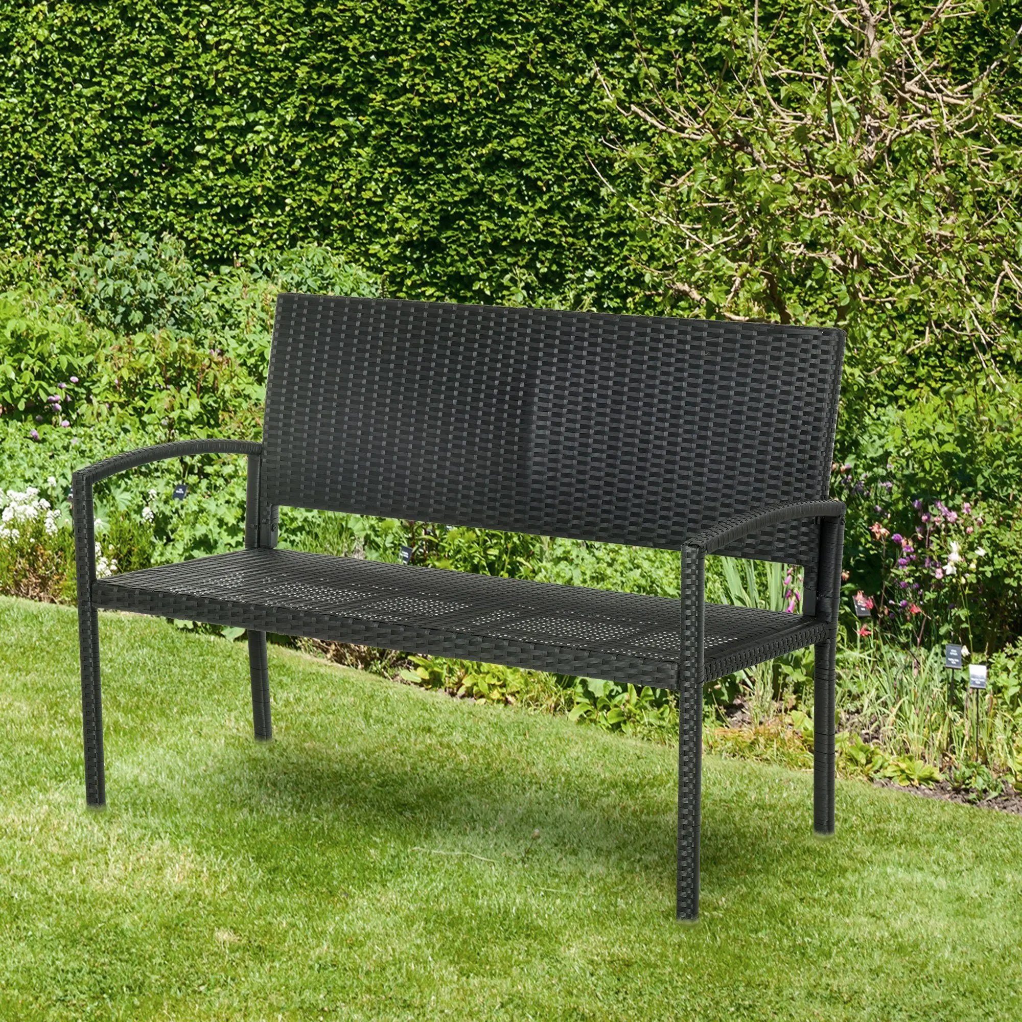 Banco de patio de mimbre sintético con estructura de acero, resistente a la intemperie, diseño tejido atractivo, fácil montaje, ligero, para todo el año, ideal para patio o porche.