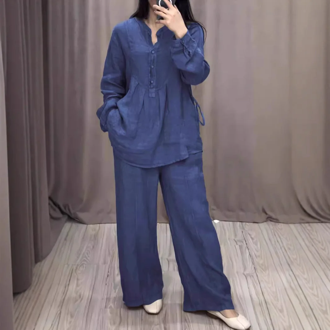 

2024 Autumn New Fashion Comfortable Cotton Linen Long Sleeve Half-Open Casual Ruched Wide-Leg Pants Set