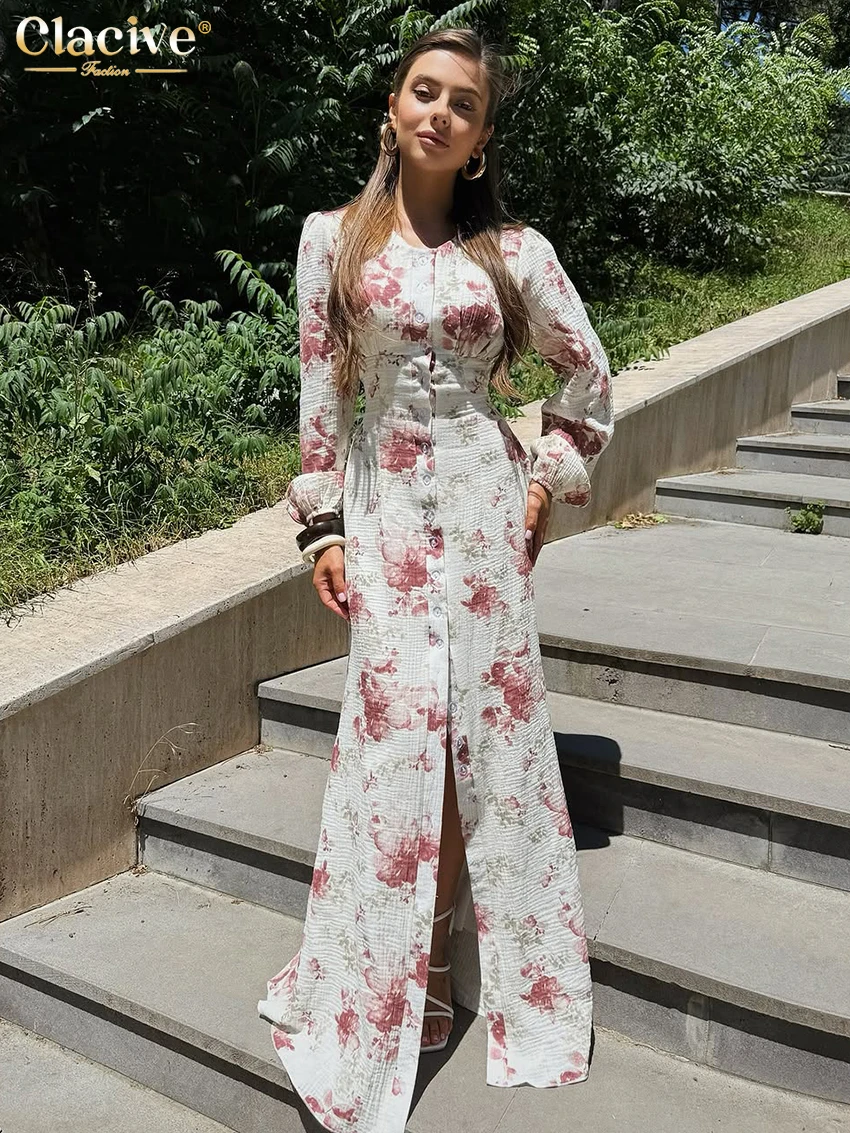 

Clacive Fashion Slim Print Women's Dress 2025 Casual O-Neck Long Sleeve Maxi Dresses Elegant Classic Slit Female Party Dress