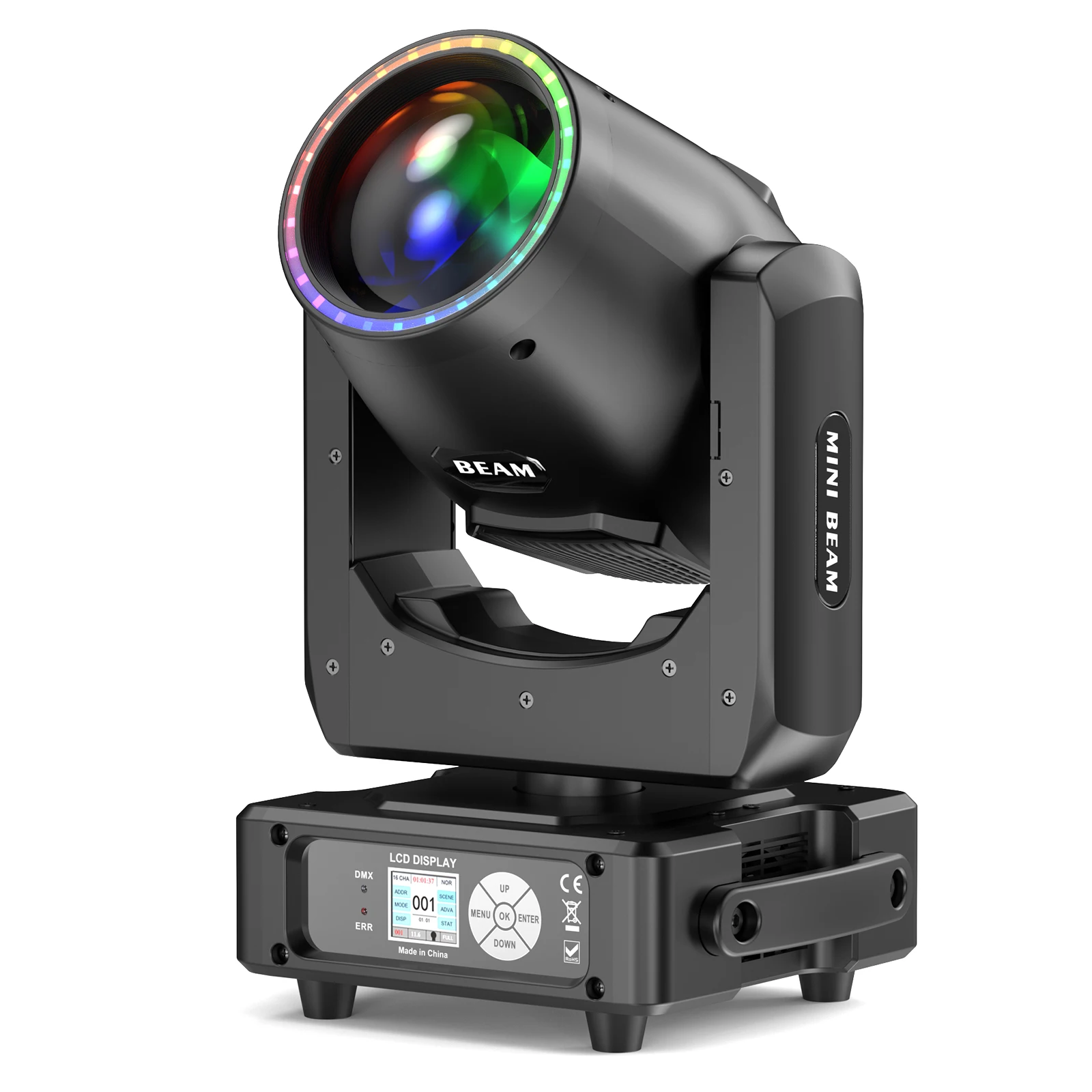 Fieryzeal Mini 230W Beam Moving Head Light Rotating DMX512 LED RGBW Stage Light with LED Strip for DJ Disco Party Show Wedding