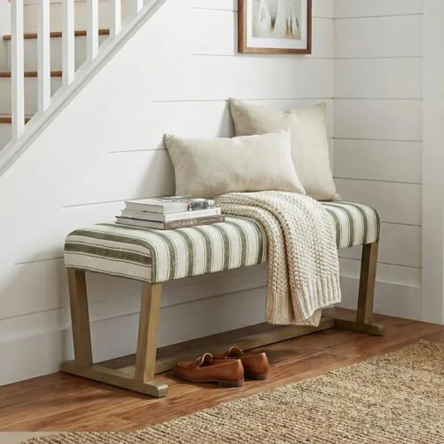 Upholstered Entryway Bench, Dining Bench with Cushion, Green | Solid Rubberwood Legs, Soft Fabric, Stripe Pattern, Easy