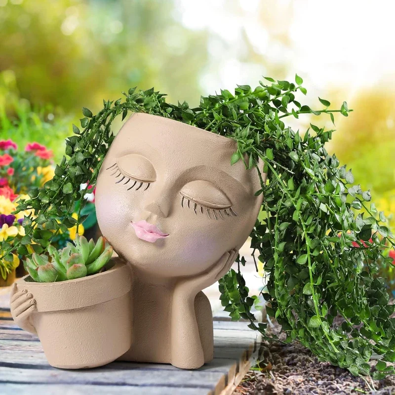 

Girl Head Face Flowerpot White Resin DIY Figure Fleshiness Flower Pot with Leakage Hole Garden Pots & Planter Home Decoration