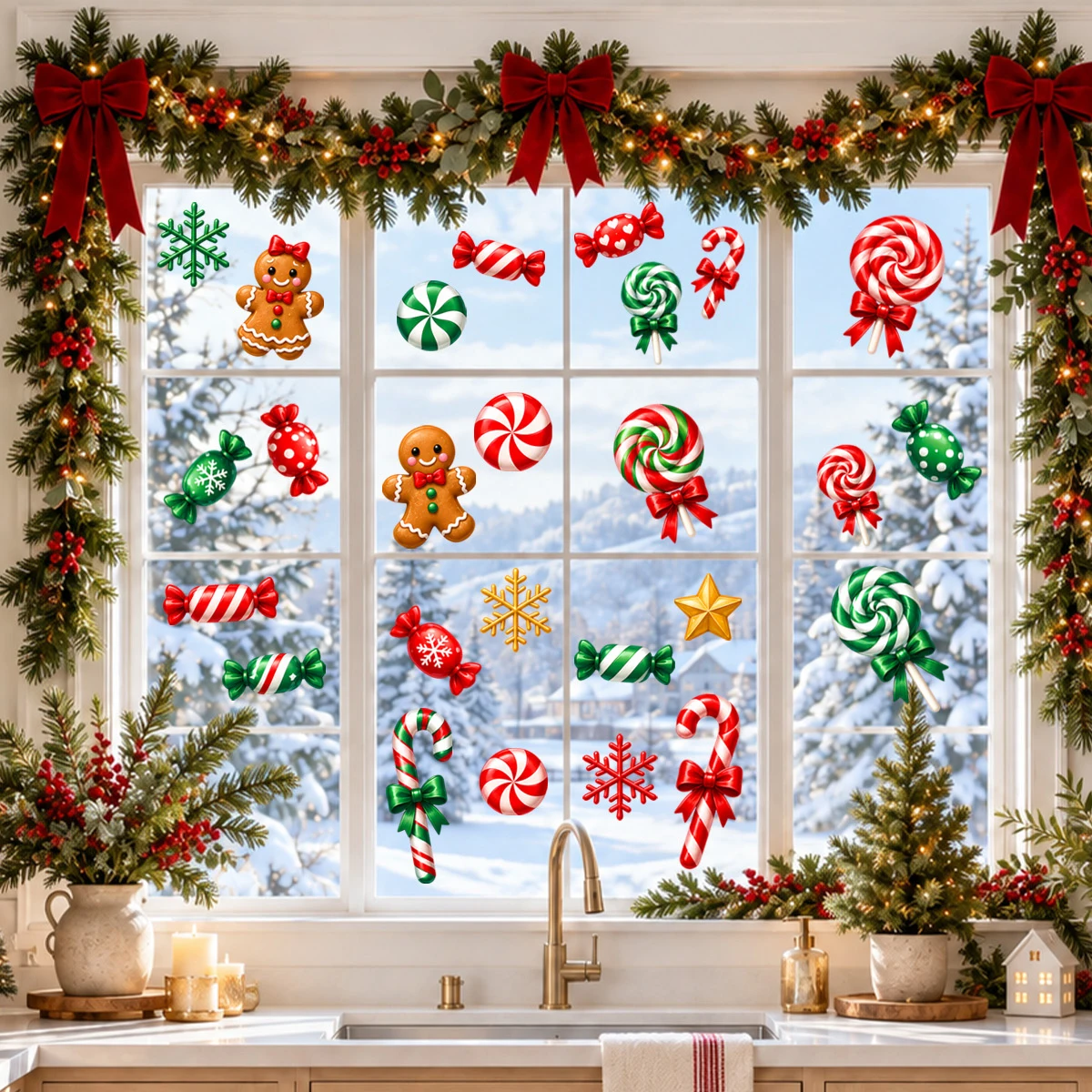 Christmas Window Clings Candy Cane Gingerbread Lollipop Snowflake Static Cling Glass Sticker Holiday Decor
