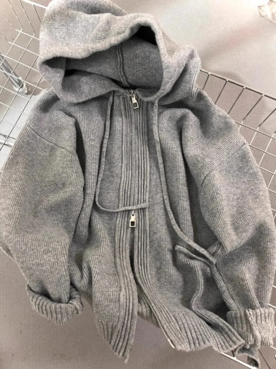 Gray Hooded Knit Sweater Jacket Women's Loose Spring Autumn Winter Outerwear Lazy Style Thickened Double Zipper Sweatshirt Ca...