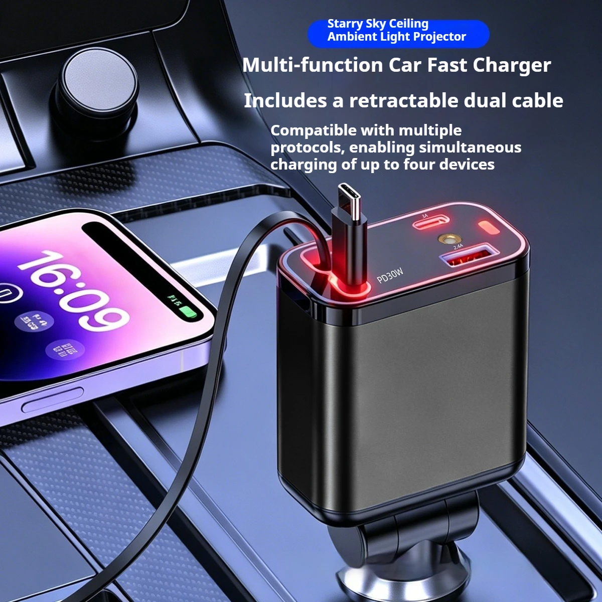 4In1Port Car Fast Charger with Retractable Cables Starry Sky Projection Ambient Light Cigarette Lighter Adapter For IOS & Andro