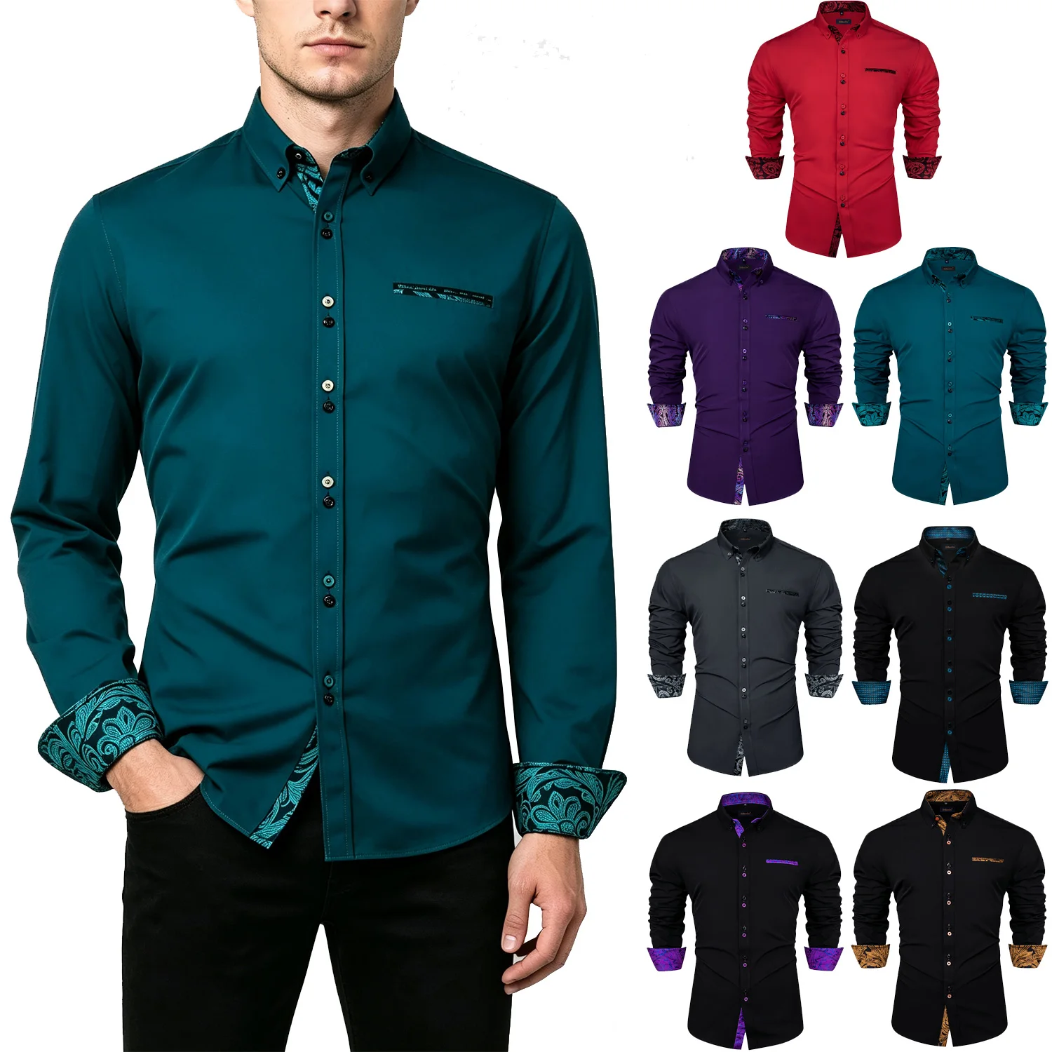 Mens Fashion Button Down Dress Shirt, Paisley Pattern Contrast Cuffs & Collar, Dual Color Buttons, Chest Pocket, Casual SlimTops