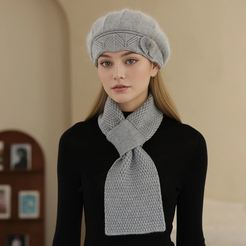 النساء الفتيات الشتاء قبعة وشاح مجموعة المألوف الأرنب الفراء قبعات منسوجة الطقس البارد قبعات دافئة عادية في الهواء الطلق محبوك قبعة #3