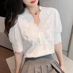 Women's Cotton Embroidery Hollow Out Blouse, Casual White Tops, Short Sleeve Blouses, Sweet, Summer 2024, 13102