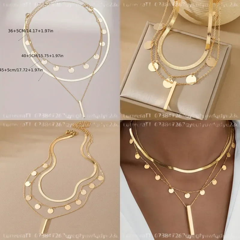 3pcs Vintage Elegant Sexy Mid-century Long Rectangular Pendant Necklace Multi-layered Stackable Collarbone Chain for Women