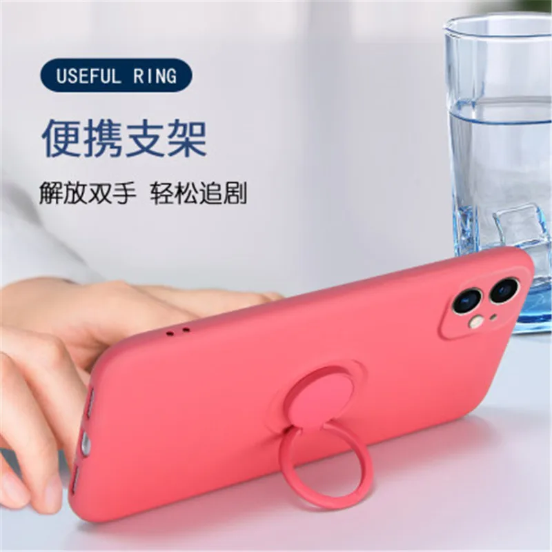 Soft Liquid Silicone Phone Case For iPhone 11 12 13 mini Pro Max XS X XR 7 8 6 6S Plus SE 2020 Stand Ring Shockproof Case Cover