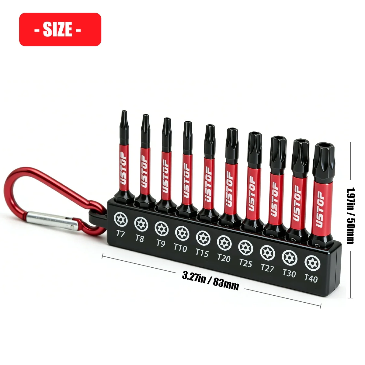 Ustop, 10-Piece Set of Anti-Tamper Star-Shaped Impact Bits with Carabiner Clip, Type Tt7-T40, 50mm Long, Magnetic Safety Torx Bits, S2 Steel Material, Compatible with Electric Drills and Screwdrivers