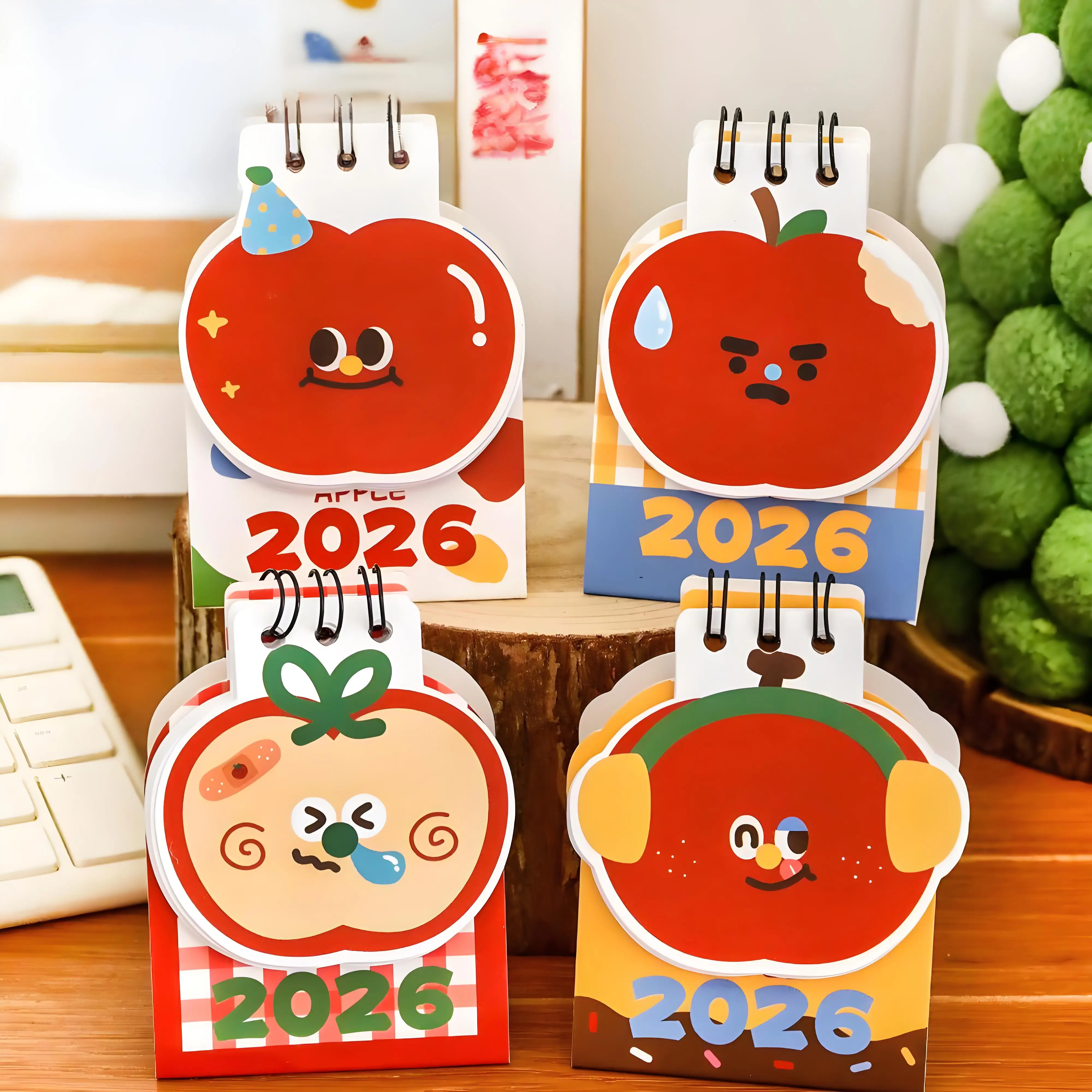 2026.1-2026.12 Calendar Apple Shape Mini Desktop Calendar Paper Desk Note Calendar Dual Daily Scheduler Table Planner Office