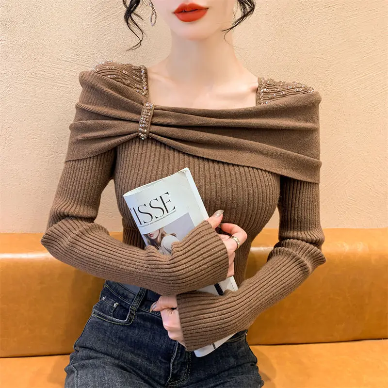 Spring Autumn Solid Color Square Collar Long Sleeve Fashion Sweater Women High Street Casual Slim Korean Style Flares Pullovers