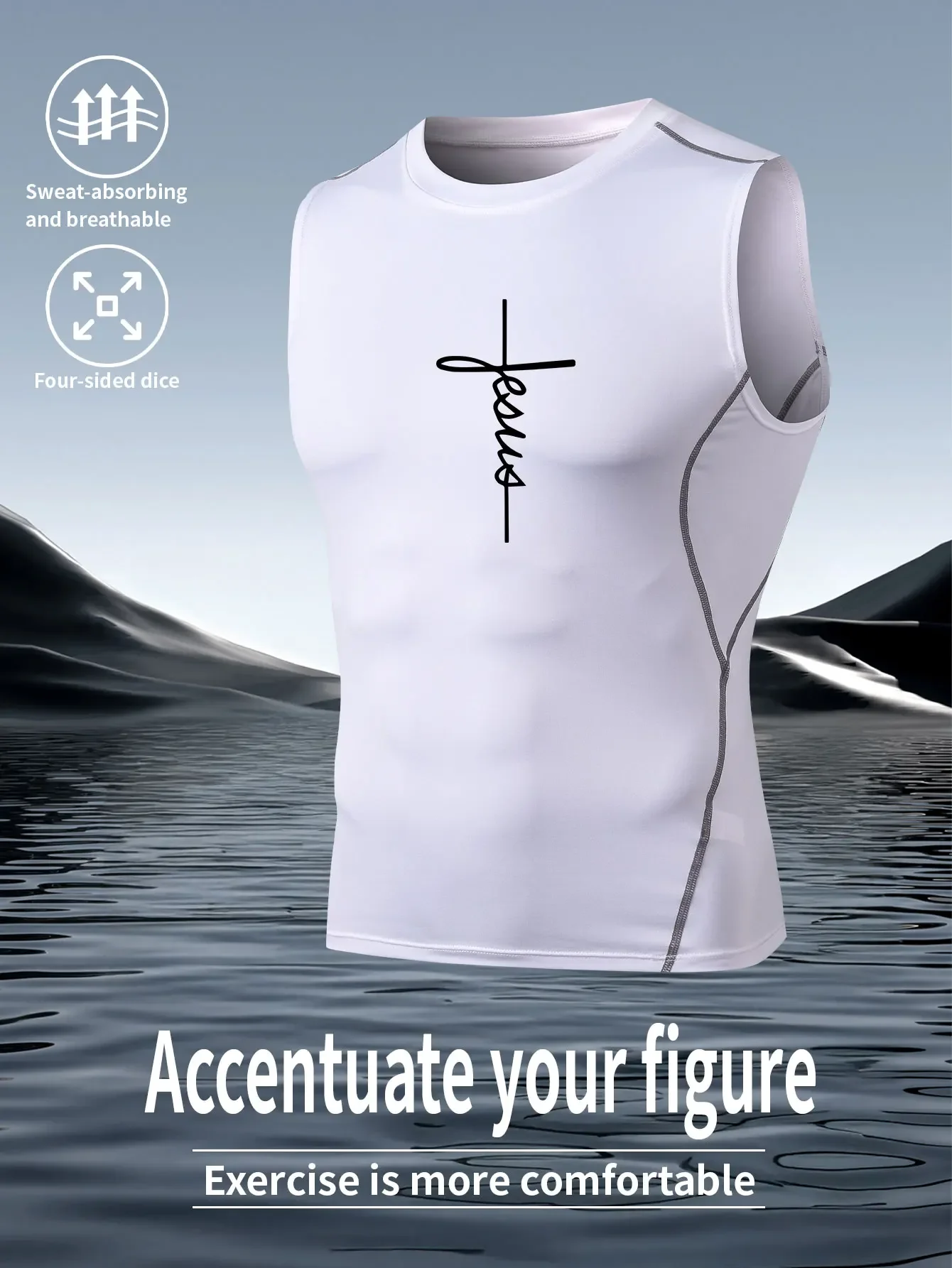 

2D printed T-shirt, quick-drying stretch sports top, sleeveless T-shirt, men's fitness running training