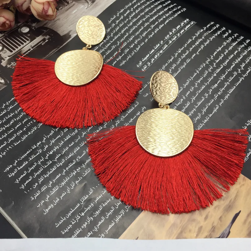 البوهيمي القطاع شرابة انخفاض الأقراط الكبيرة للنساء الذهبي المعادن جولة غير المستوية الصفائح المعدنية استرخى أقراط خمر مجوهرات الحفلات #4