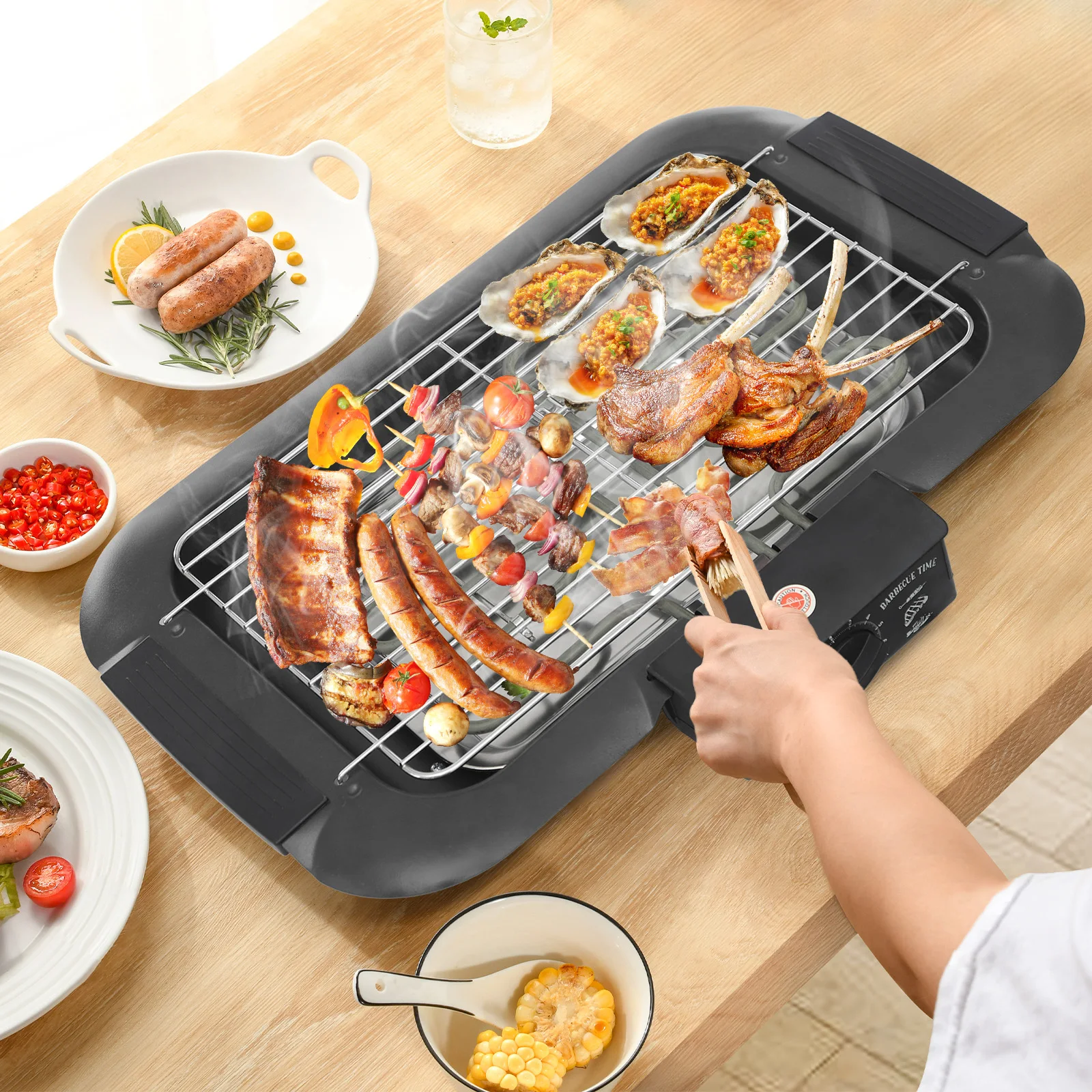 Elektrische Grillpfanne, rauchfreier Grill, langlebig und zuverlässig, rauchfrei, für den Innen- und Außenbereich, 2000 W, 6 Temperaturgänge 90–350 ℃