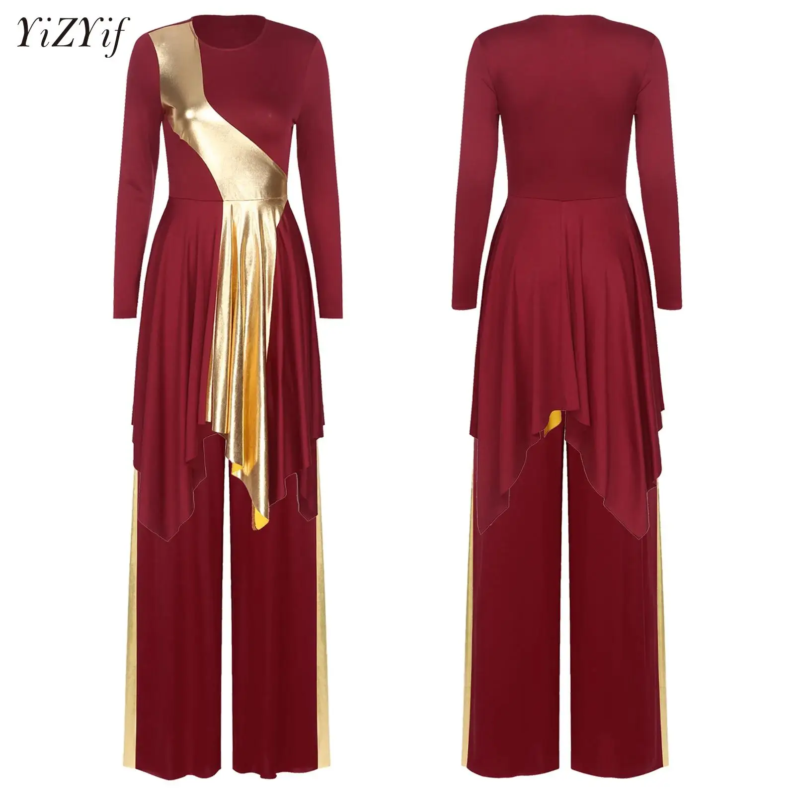 

Women Worship Dance Outfit Metallic Color Block Praise Dance Dress+Loose Pants Liturgical Church Choir Performance Dancewear