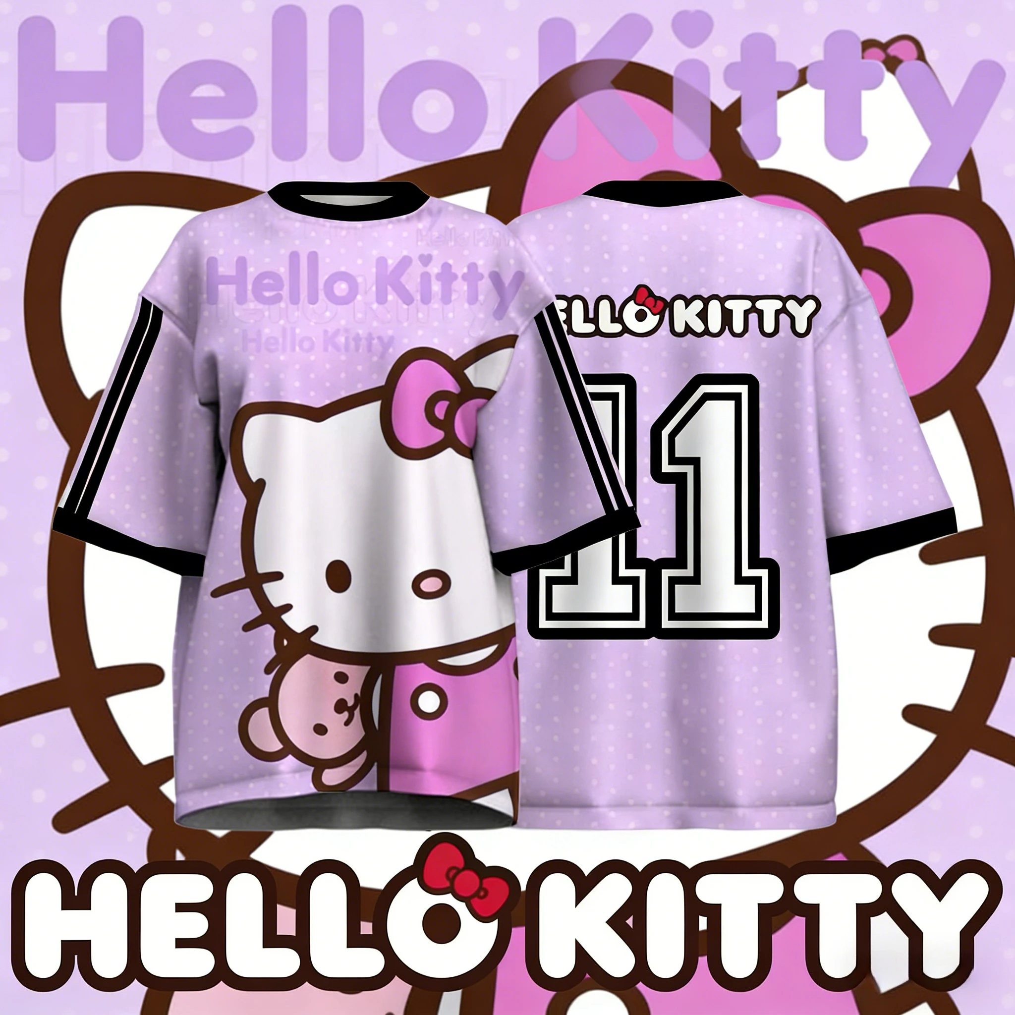 

Летняя футболка оверсайз Hello Kitty 2026 с 3D-принтом, фиолетовая в горошек, графический унисекс-дизайн, ретро, повседневная, в стиле Y2K