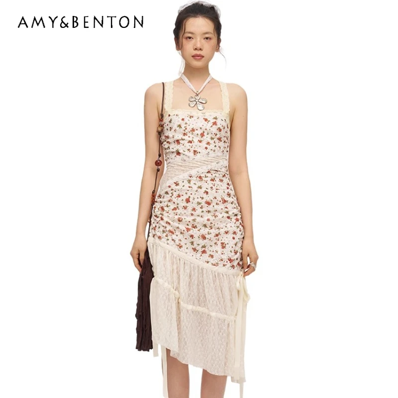 

Vintage Design Beige Printed Lace Halter Women's Dress Summer New Sweet Cute Floral Backless Sleeveless Sling Dresses Ladies