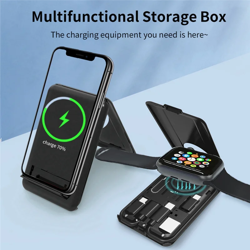 

AF90-15W Wireless Charger Stand Multi Cable Needle Sim Card Storage Box For Iphone 15 14 13 12 Fast Charging Station