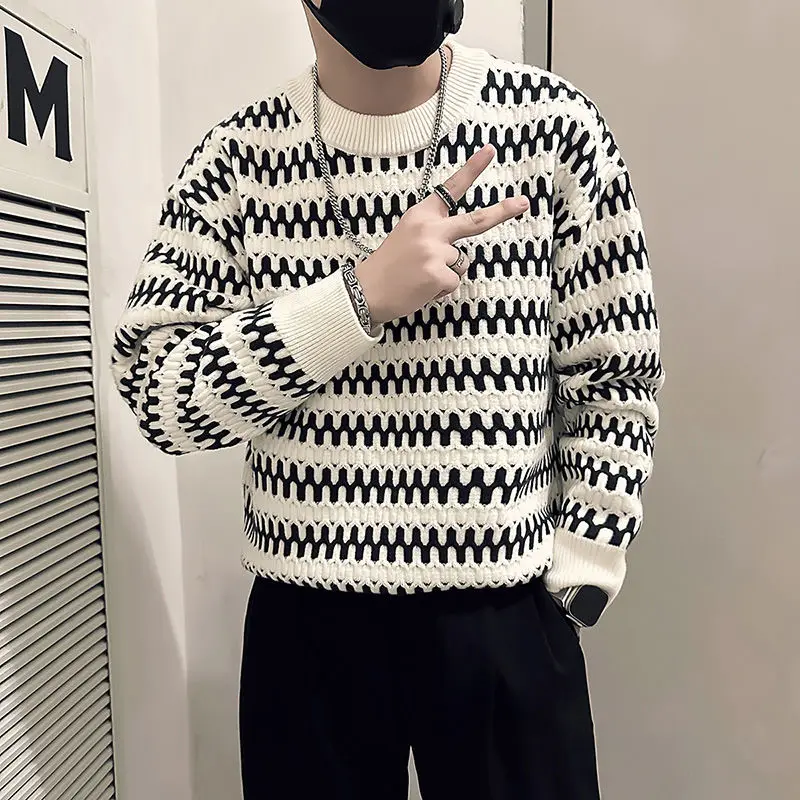 

Korean Striped Loose Sweaters Men's Clothing Casual O-Neck Autumn Winter Spliced Youthful Vitality Long Sleeve Knitted Pullovers