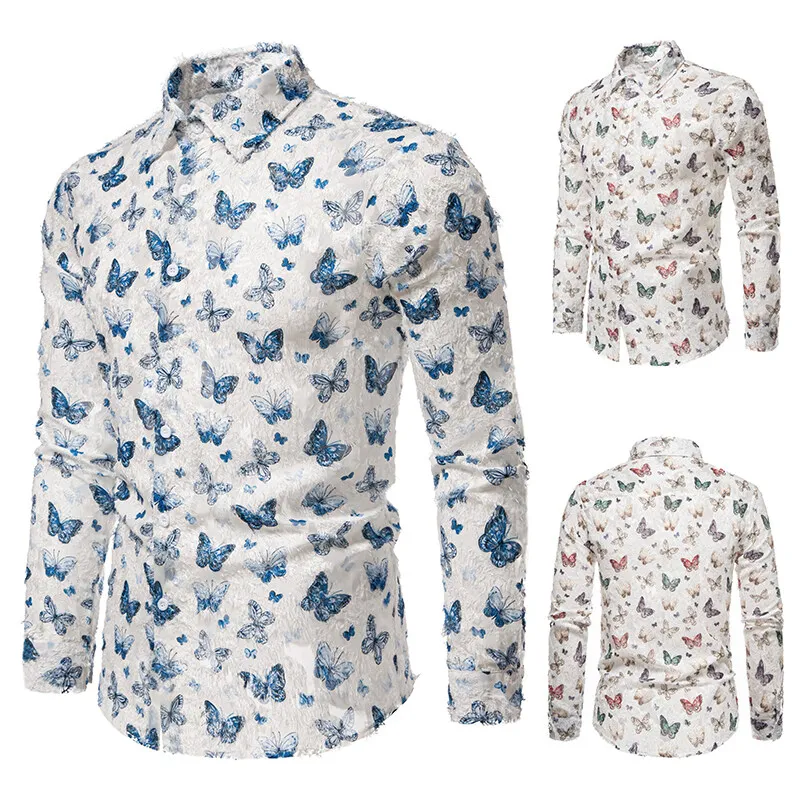 Tassels Design Luxury Shirts For Men Long Sleeve Butterfly Silky Spring Quality Soft Comfortable Easy Care Fashion Chemise Homme