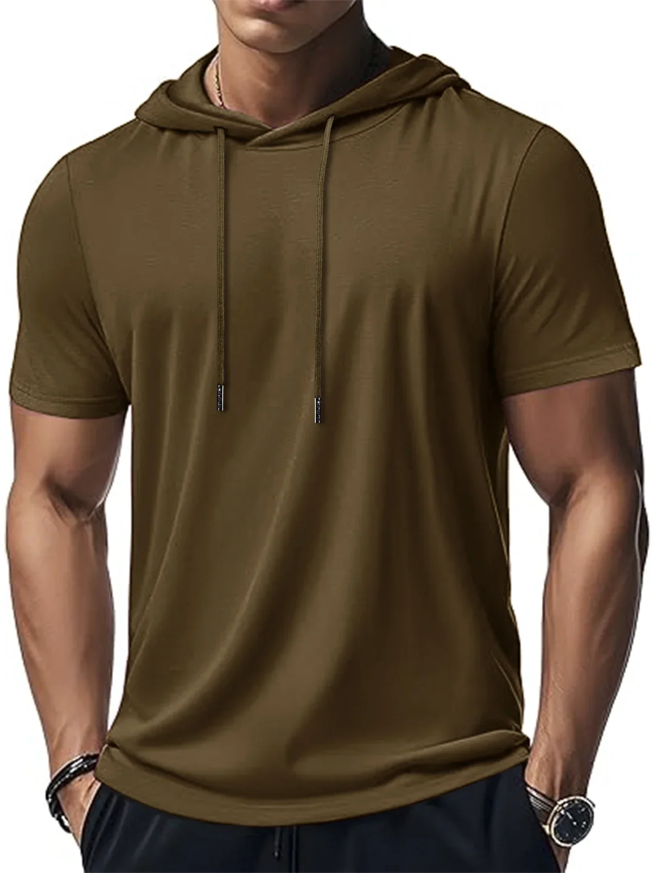 Trendiger und modischer, dünner Stil für Herren, atmungsaktiv, locker, Outdoor, Laufen, lässig, Top, Sport, kurzärmelig, T-Shirt mit Kapuze – Detail 5