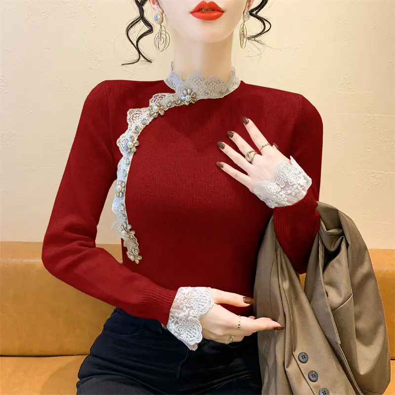 

New Lace Stand-up Collar Lace Sweater Slim Base Knit Top Autumn and Winter Nail Drill Chinese Style