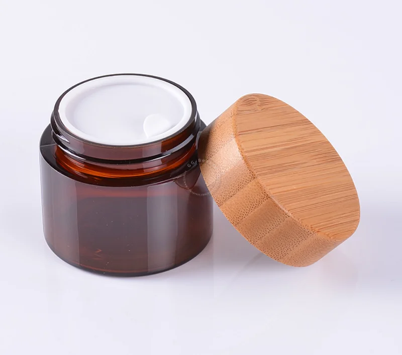 6pcs/Lot Empty Frosted Glass Face Cream Sample Bottles Jars Amber 30g 50g with Eco-friendly Bamboo Cover For CBD Ointment Makeup