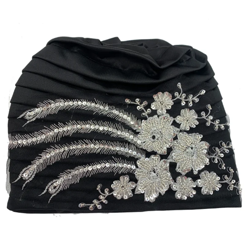 African Female Wrap Head Bonnet Muslim Turban Hat Lady Head Wraps Glitter Luminescence Beading Pleated Turban Cap for Women image 6