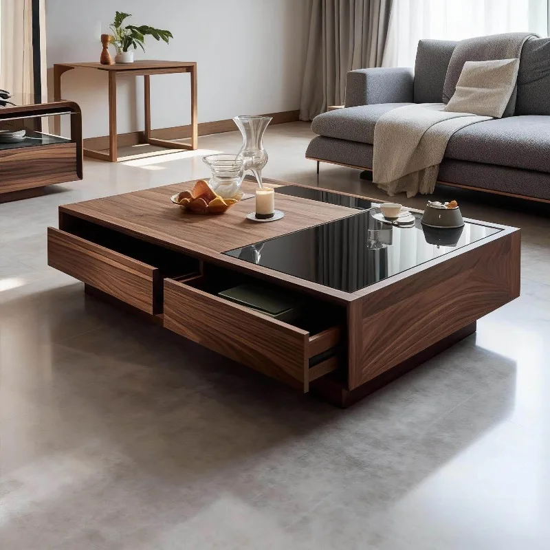 Modern Walnut Wood Coffee Table Glass Top With 2 Storage Drawers Minimalist Living Room Center Tea Table Italian Home Furniture