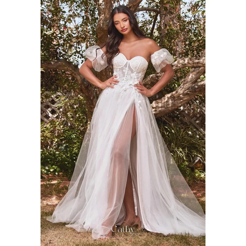 

Cathy White Tulle Wedding Dress Off the Shoulder A-line فساتين سهرة Lace Embroidery Side High Split vestidos de fiesta 2024