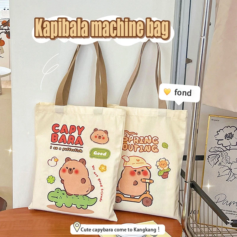 Cute Kapibala Canvas Bag Capybara Large Capacity Shopping Bag Shoulder Tote Bags Stationery Storage Bags