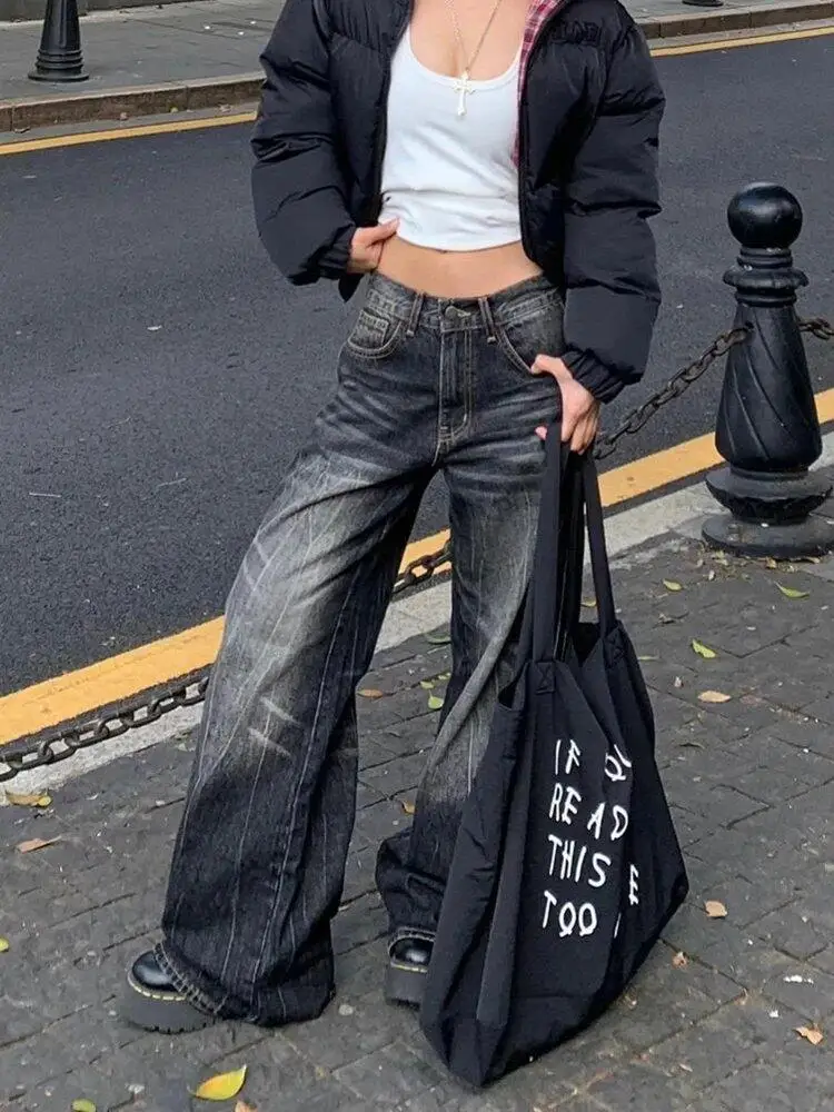 

Женские джинсы свободного кроя с высокой талией и широкими штанинами, американские джинсовые повседневные летние длинные брюки с завышенной талией
