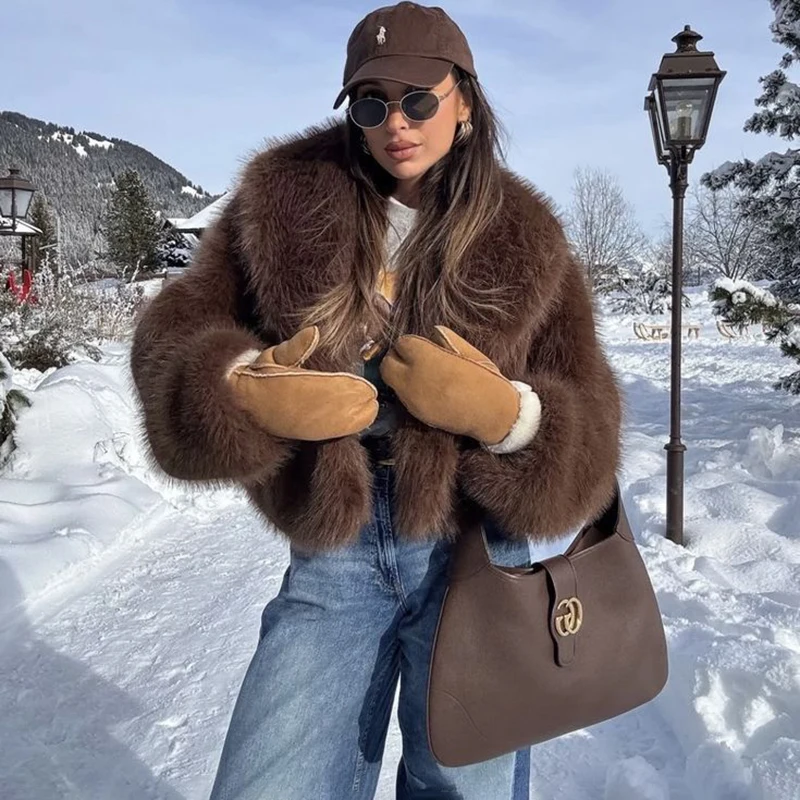 

Tornova Streetwear Fashion Faux Fur Coat Women's Lapel Long Sleeve Warm Furry Jacket Winter Fashion Office Lady Short Outwear
