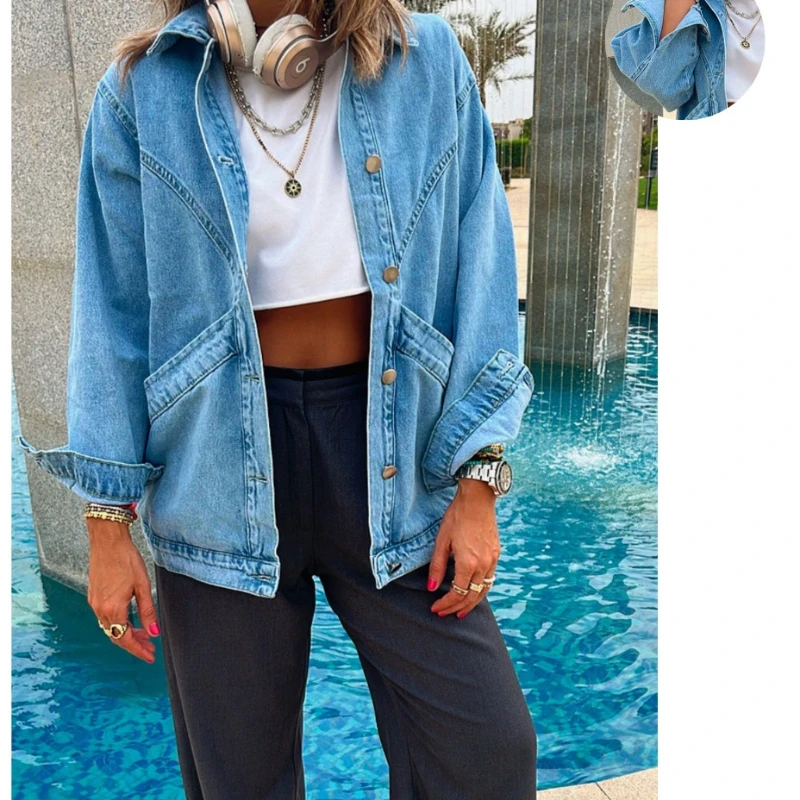 

Coats Women Jackets Denim Coat Turn Down Collar Full Sleeve Y2k Streetwear Elegant Splice Jacket Work Casual Autumn Winter