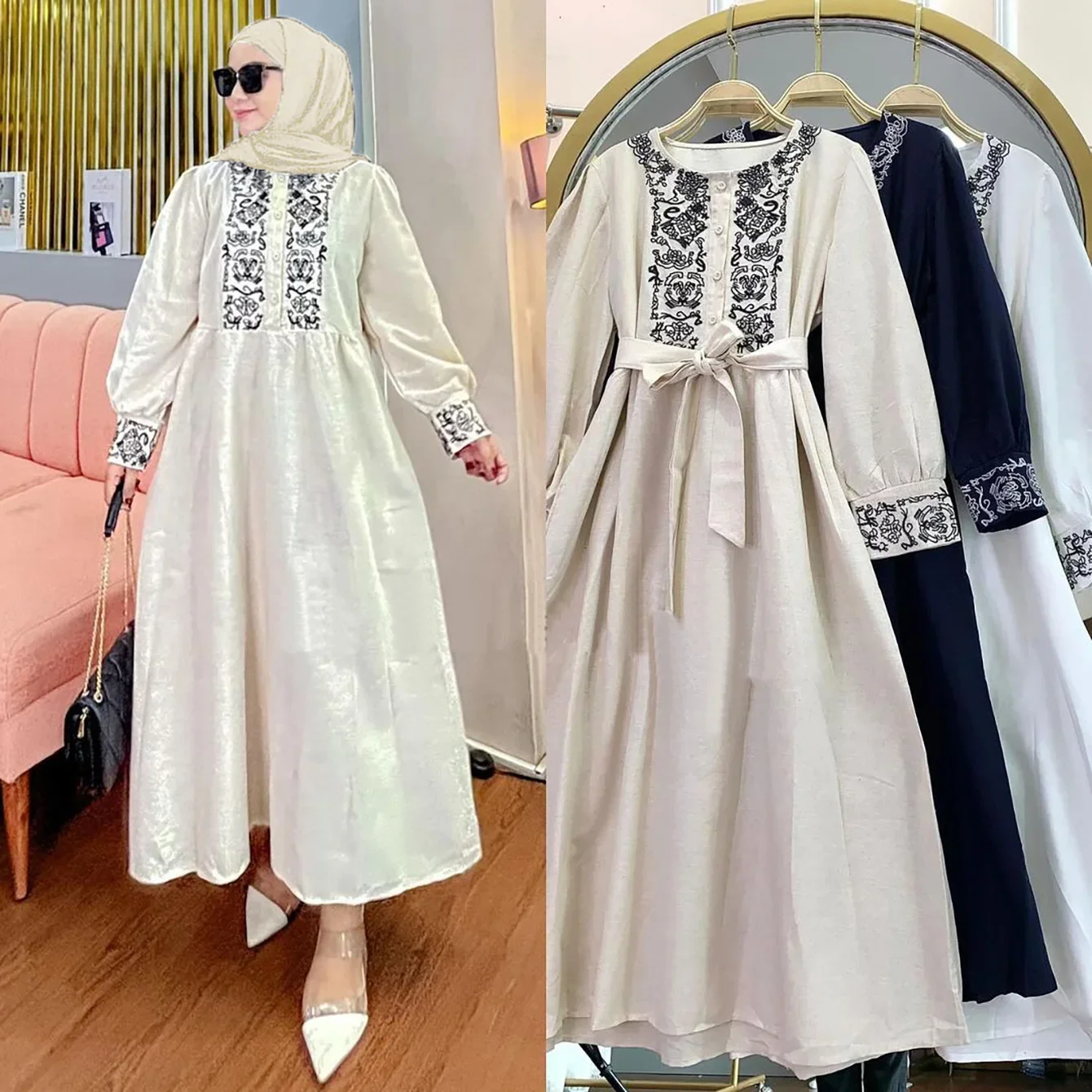 

New Casual Embroidery Belt Maxi Dress for Women Muslim Dubai Abaya Turkey Kaftan Ramadan Djellaba Jalabiya Caftan Marocain Femme