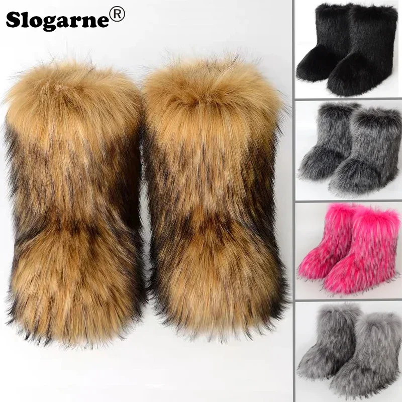 Women\'s Winter Fluffy Faux Fox Fur Boots Woman Plush Warm Snow Boots Luxury Footwear Girls\' Furry Fur Bottes Fashion Winter Shoe