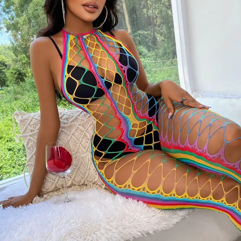 Hot Sexy Colorful Fishnet Bodystockings for Women Erotic Rainbow Transparent Mesh Lingerie Bodysuit Teddy Porno Underwear